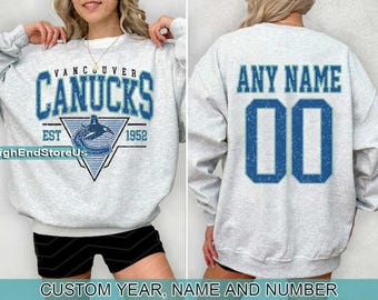 Personalizowana bluza hokejowa Vancouver, bluza z okrągłym dekoltem Vancouver Canucks, koszulka hokejowa Vancouver, spersonalizowana koszulka hokejowa, koszulka z numerem hokejowym