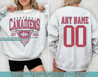 Personalisiertes Montreal Hockey-Sweatshirt, Montreal Canadiens Rundhalsausschnitt, Montreal Hockey-Shirt, kundenspezifisches Hockey-Shirt, Hockey-Nummern-Shirt