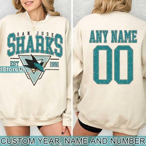 Personlig San Jose Hockey-tröja, San Jose Sharks rund hals, San Jose Hockey-tröja, Anpassad hockeytröja, Hockeynummertröja