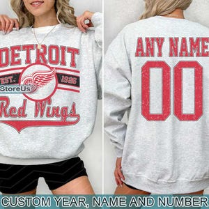 Vintage Detroit Hockey Sweatshirt, Detroit Red Wings crewneck, Detroit Hockey shirt, Custom Hockey Shirt, Hockey Number Shirt