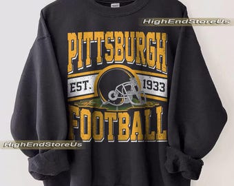 Vintage Pittsburgh fotbollströja, retro sporthjälm rund hals, klassisk Pittsburgh Pride-fantröja, matchdagskläder för fans