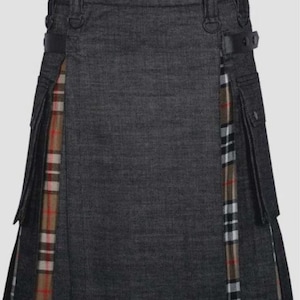 Scottish Modern Black Denim With Camel Thomson Tartan Utility Kilt for Men – Tactical Hybrid Kilt | Made to Measure