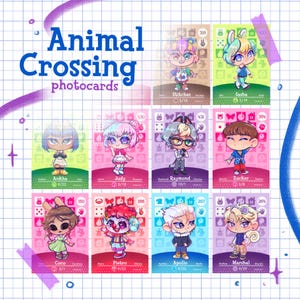Peut inclure: Photocartes Animal Crossing avec des illustrations colorées de personnages. Chaque carte affiche le nom et la date du personnage. Disposition en grille avec un design décoratif bleu et violet.