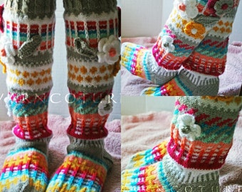 Fair Isle Handknit Knee Socks With 3D Flowers