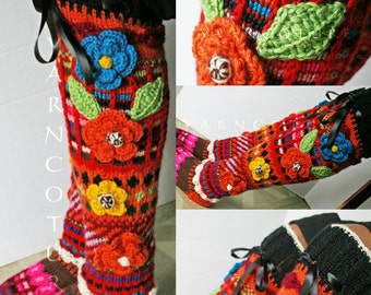 Fair Isle Handknit Knee - High Socks With 3D Flowers