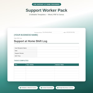 Support at Home Support Worker Pack | Progress Note & Shift Log Templates | Editable Word Canva PDF | Aged Care Providers