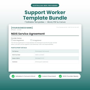 Könnte beinhalten: Eine digitale Dokumentvorlage mit dem Titel Support Worker Template Bundle für australische NDIS-Anbieter. Das Dokument enthält ein NDIS-Dienstleistungsvereinbarungsformular mit Feldern für Teilnehmerdetails und Anbieterinformationen.