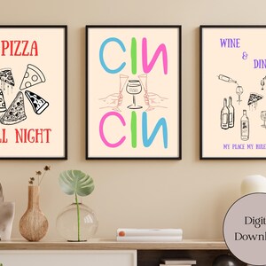 Cin Cin Trendy Print, Pizza Night Food Print, Wine and Dine Print, Bar Cart Art Print, Kitchen Print, Drink Poster, Retro Art, JPEG, PDF