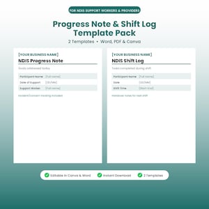 Pode incluir: Um pacote de modelos digitais intitulado Progress Note & Shift Log Template Pack para trabalhadores e fornecedores de NDIS. Inclui dois layouts de documentos brancos para NDIS Progress Note e NDIS Shift Log, com campos para detalhes.