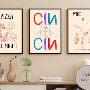 Cin Cin Trendy Print, Pizza Night Food Print, Wine and Dine Print, Bar Cart Art Print, Kitchen Print, Drink Poster, Retro Art, JPEG, PDF