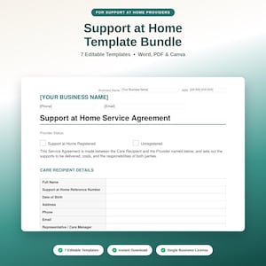 Support at Home Provider Template Bundle | 7 Editable Forms Service Agreement Invoice SOAP Note | Word PDF Canva