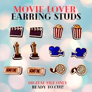May include: A collection of wooden earring studs with a movie theme. Designs include film clapperboards, popcorn buckets, Oscar statues, film cameras, movie tickets, and film reels. The text "MOVIE LOVER EARRING STUDS" and "DIGITAL FILE ONLY READY TO CUT!" are displayed.