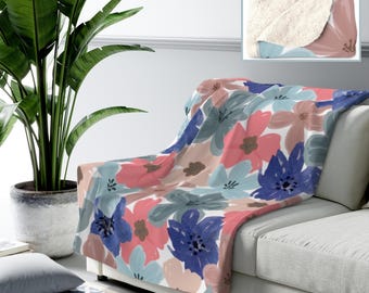 Floral Sherpa Fleece Blanket, Cozy Throw Blanket, Soft Plush Bedding, Winter Home Decor, Warm Floral Blanket