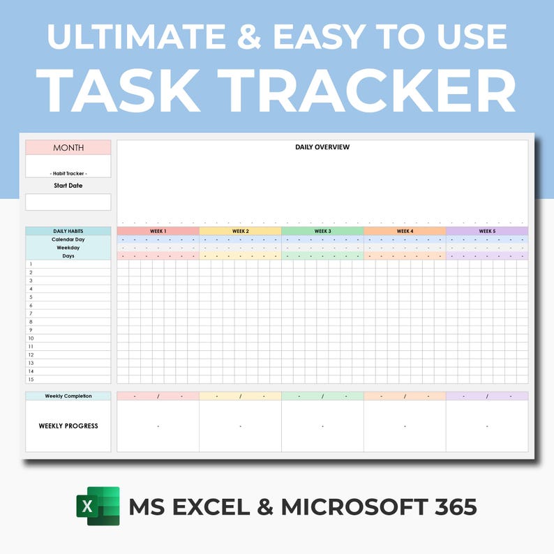 Task Tracker Template | Excel Spreadsheet | Monthly Weekly Daily Task ...