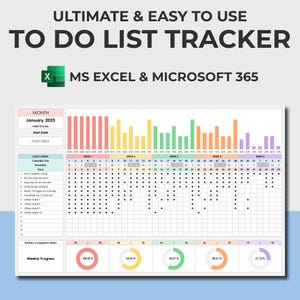 Puede incluir: Un rastreador de lista de tareas imprimible para Microsoft Excel y Microsoft 365. El rastreador está diseñado para ayudar a los usuarios a realizar un seguimiento de sus hábitos diarios y su progreso con el tiempo. El rastreador incluye un calendario, una lista de hábitos diarios y un gráfico de progreso semanal. El rastreador está diseñado para enero de 2025.