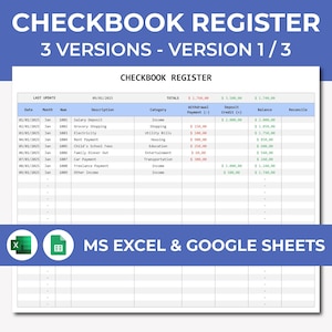 Plantilla de hoja de cálculo de Excel y hojas de cálculo de Google para registro de chequera / Plantilla de chequera / Registro de chequera mensual / Seguimiento de transacciones en Excel