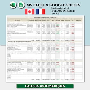 Puede incluir: Una hoja de cálculo con una tabla titulada "Estimation et Budgétisation de Construction" con columnas para "Descripción", "Proveedor o Subcontratista", "Mano de Obra", "Materiales", "Total", "Costo Real", "Variación", "% Terminado", "% Pagado", "Monto Actual", "Monto Vencido" y "Comentarios". La hoja de cálculo está en francés y utiliza dólares canadienses.