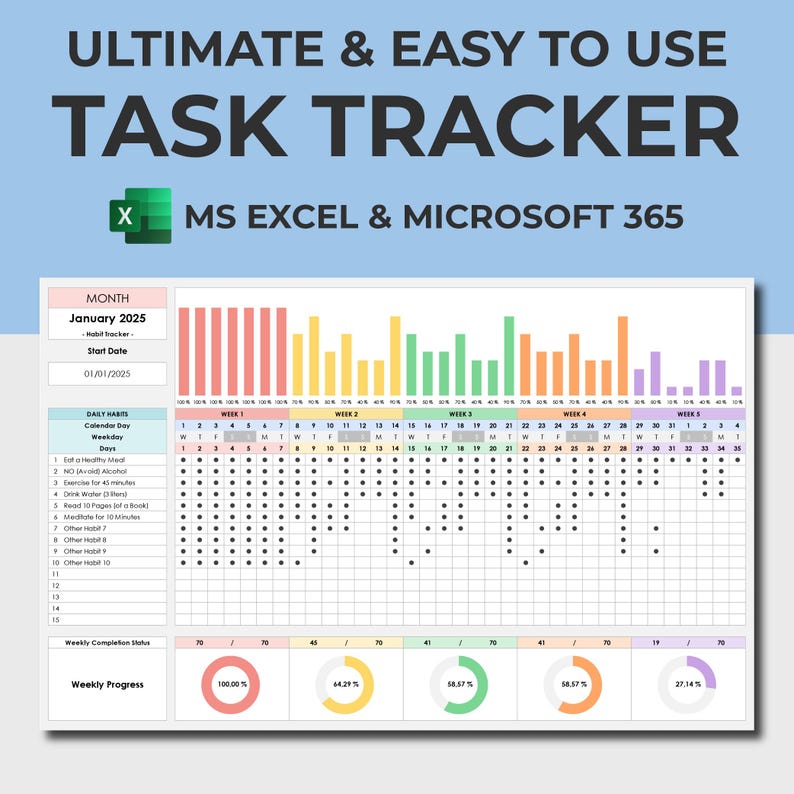 Task Tracker Template | Excel Spreadsheet | Monthly Weekly Daily Task ...