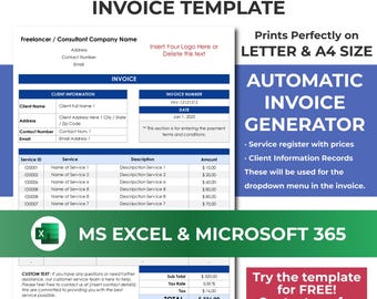Plantilla de hoja de cálculo para generar facturas de consultores y autónomos / Formulario de pago de autónomos / Recibo de consultor / Excel 365 imprimible y editable