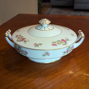 Noritake Vegetable Covered Serving Platter, Japan, China peony, Pink Florals, Gold Trim