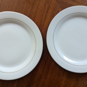 2 White Royal Norfolk Dishes Dinner Plates Gold Stripes 10&quot; Vintage Greenbrier Ceramic