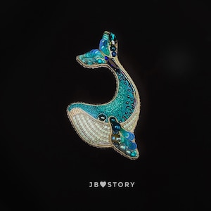 Embroidered Blue Whale Brooch: Handmade Ocean Jewelry