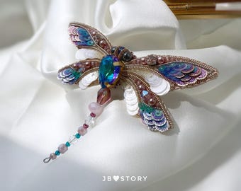 Beaded Dragonfly Brooch – Hand-Embroidered Insect Pin, Nature Jewelry Gift for Her, Purple Green Handmade Statement Accessory