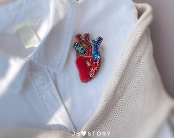 Red Velvet Anatomical Heart Brooch: Floral Embroidery Pin