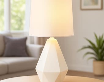 Modern White Ceramic Table Lamp, Geometric Bedside Light with Fabric Shade