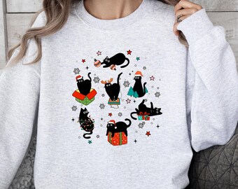 Romose Women's Cute 3D Cat Print Sweatshirt - Long Sleeve Casual Pullover Top (Black, XXL)