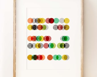 May include: Abstract art print featuring overlapping circles in various colors, including red, green, yellow, and gray. The circles are arranged in rows, creating a visually appealing pattern.