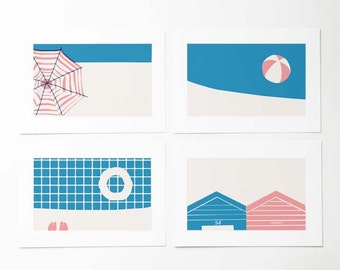 4 Summer illustrated postcards. Vintage postcard style. Beach huts. British Seaside cards. Swimming Pool art.