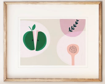 Green Apple modern art print, green and pink palette, soft shapes.