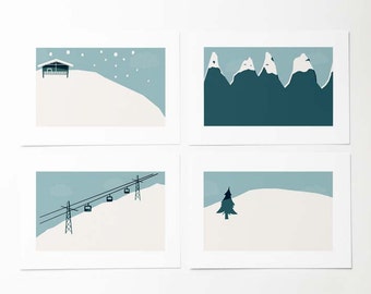 4 Winter illustrated vintage style postcards.