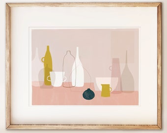 Yellow & Pink Still Life contemporary art print of ceramic shapes in muted palette