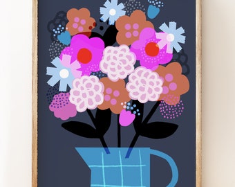 Lilac Garden modern spring floral art print (in midnight)