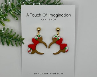 Boucles d&#39;oreilles magiques des fêtes en pain d&#39;épice avec oreilles de Mickey | boucles d&#39;oreilles faites main en pâte polymère