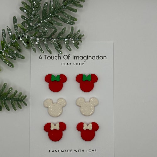 Puces d'oreilles Mickey et Minnie pour les Fêtes | Boucles d'oreilles faites main en pâte polymère