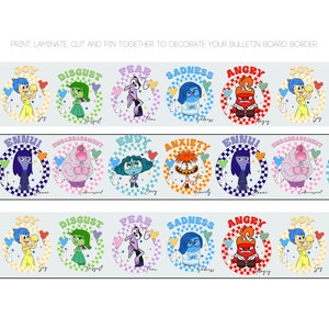 May include: Printable bulletin board border featuring characters from the movie Inside Out. Each character represents a different emotion: Joy, Sadness, Anger, Fear, Disgust, Anxiety, Ennui, Embarrassment, and Envy. The characters are depicted in colorful circles with checkered backgrounds.