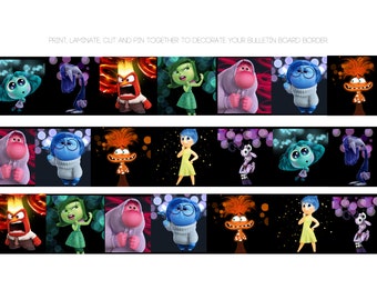 Puede incluir: Un conjunto imprimible de 12 imágenes coloridas con personajes de la película Inside Out. Los personajes incluyen Alegría, Tristeza, Ira, Miedo y Asco. Las imágenes están diseñadas para ser recortadas y utilizadas para decorar un tablero de anuncios.