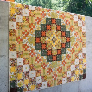 Handmade Retro Floral Quilt | 70s Inspired Orange Yellow Patchwork Blanket