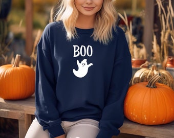 Halloween Ghost Boo Sweatshirt, Unisex Cotton-Blend Crewneck, Cute Spooky Ghost Pullover, Cozy Fall Trick-or-Treat Sweatshirt,
