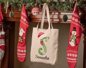 Christmas Tote Bag, Holiday Monogrammed Canvas Shopping Bag, Xmas Gift for all, Hanging Stocking/Tote