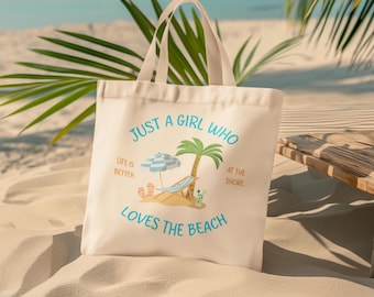 Beach Lover Cotton Canvas Tote Bag, Reusable Shopping Bag, Gift for Her