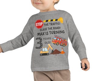 Kids Birthday Shirt, Construction Trucks Toddler Long Sleeve Tee | Personalized Child Top