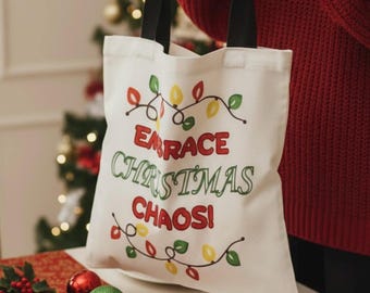 Christmas Themed Tote Bag for Holiday Cheer, Embrace Christmas Chaos! Gift, Eco-friendly Shopping Bag, Fun Festive Carryall