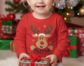 Personalized Christmas Toddler Long Sleeve Tee, Cute Rudolph Shirt, Kids Long Sleeve T-Shirt, Holiday Gift for Toddlers, Toddler Xmas Tee