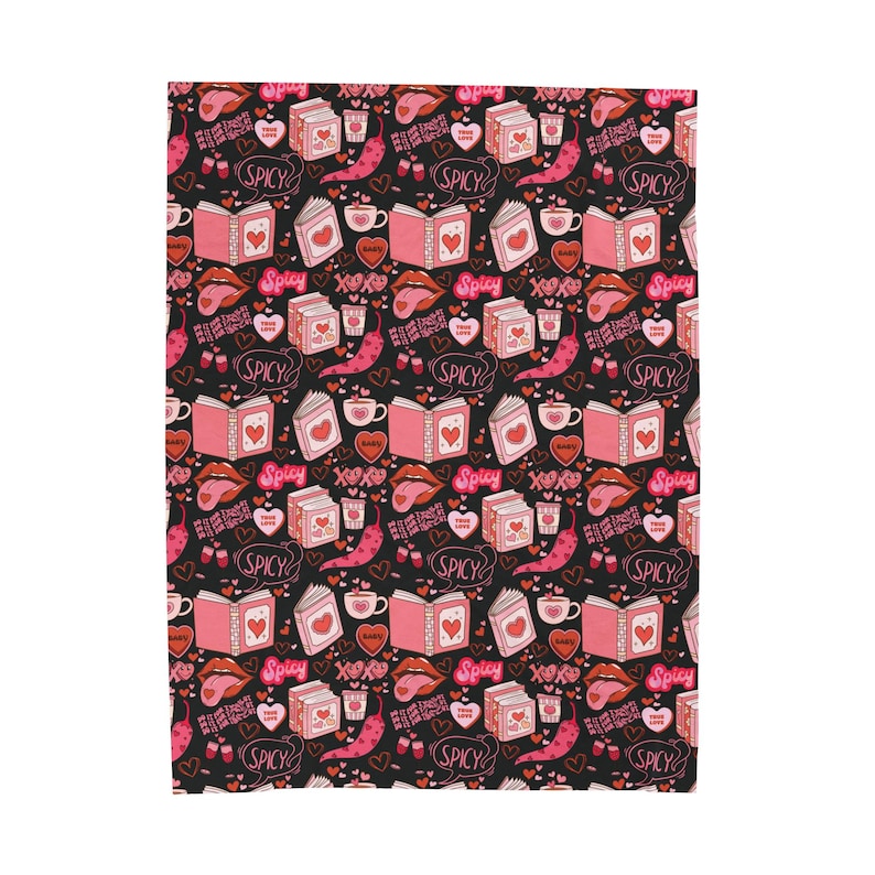 Pink and Black Reading Blanket for Book Nook. Cozy Throw Blanket covered in images of Spicy Romance Books, Coffee, Peppers, and Kisses.