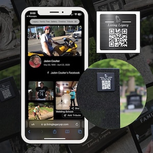 May include: A smartphone displaying a memorial website for Jaden Coulter. The website features photos, a biography, and a link to his Facebook page. The website is titled "Living Legacy".
