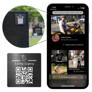 May include: A black metal plaque with the text "Living Legacy" and a QR code, displayed on a dark surface. The image also shows a smartphone displaying a memorial page for Jaden Coulter, including photos and a Facebook link.